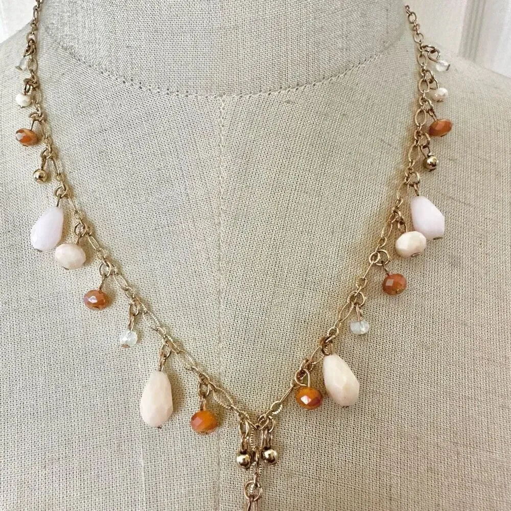 AA  gold tone long beaded Y necklace